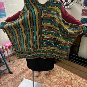 Multicolor Striped V-Neck Sweater Poncho in Olive & Teal